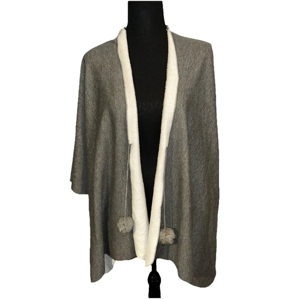 Marc New York  One Size Gray Open Hi-Lo Shawl With Pom Poms